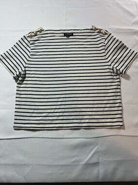 J. Crew Cream and Navy Striped Button-Shoulder Tee